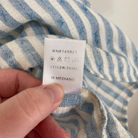 Listicle Medium Blue and White Flutter Sleeve Blouse Cotton Linen Embroidered - Picture 7 of 9